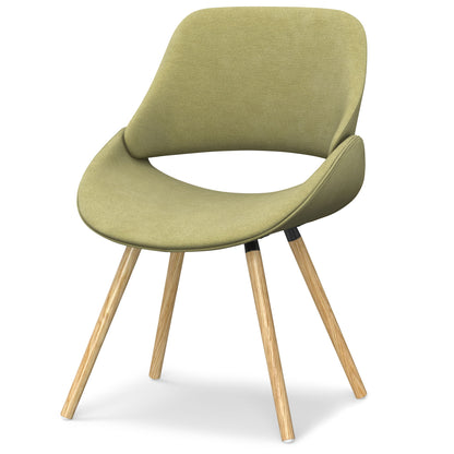 Green upholstered bentwood dining chair with curved seat and back, light wood legs