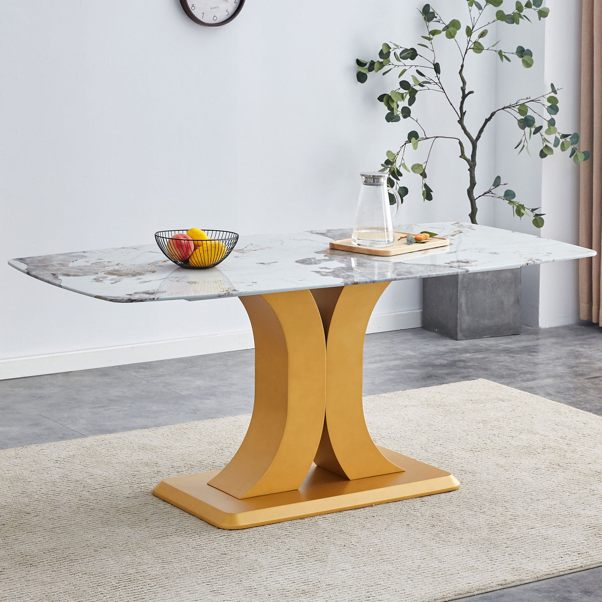Modern Minimalist Dining Table With Imitation Marbled Glass Top And Legs For Kitchen And Living Room - Gold