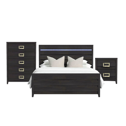 Dark bedroom set with LED bed, tall dresser drawers, and matching chest nightstand