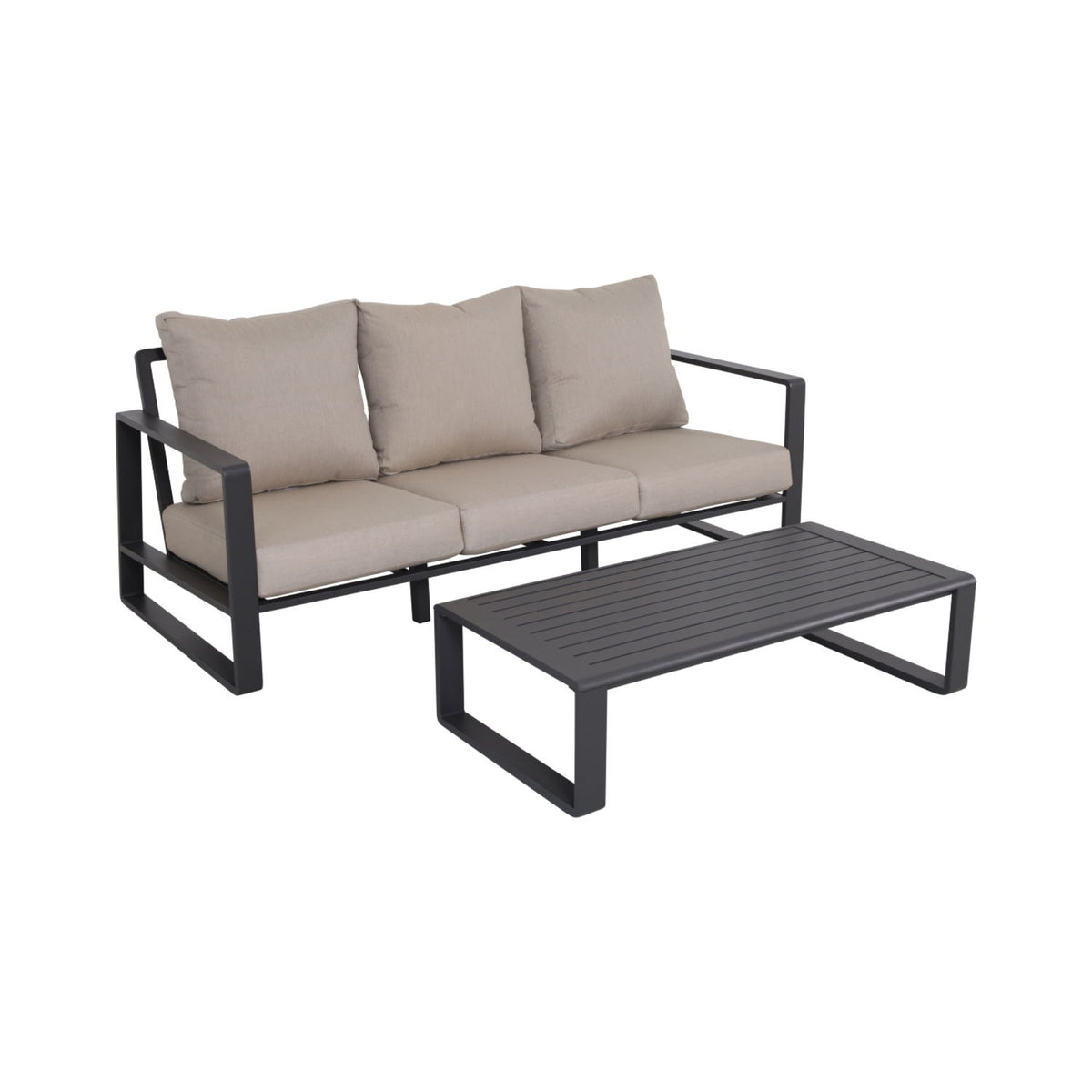 Outdoor 2-seat sofa with light beige seat cushions and matching rectangular coffee table