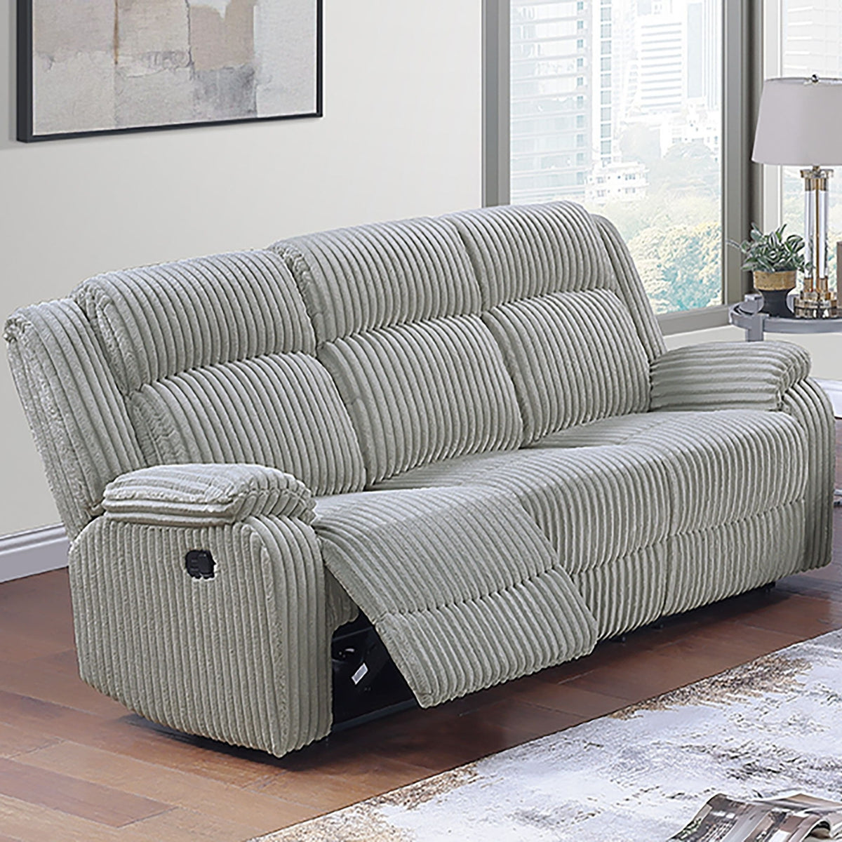 Gray striped recliner loveseat with padded pillow arms and reclining footrest.