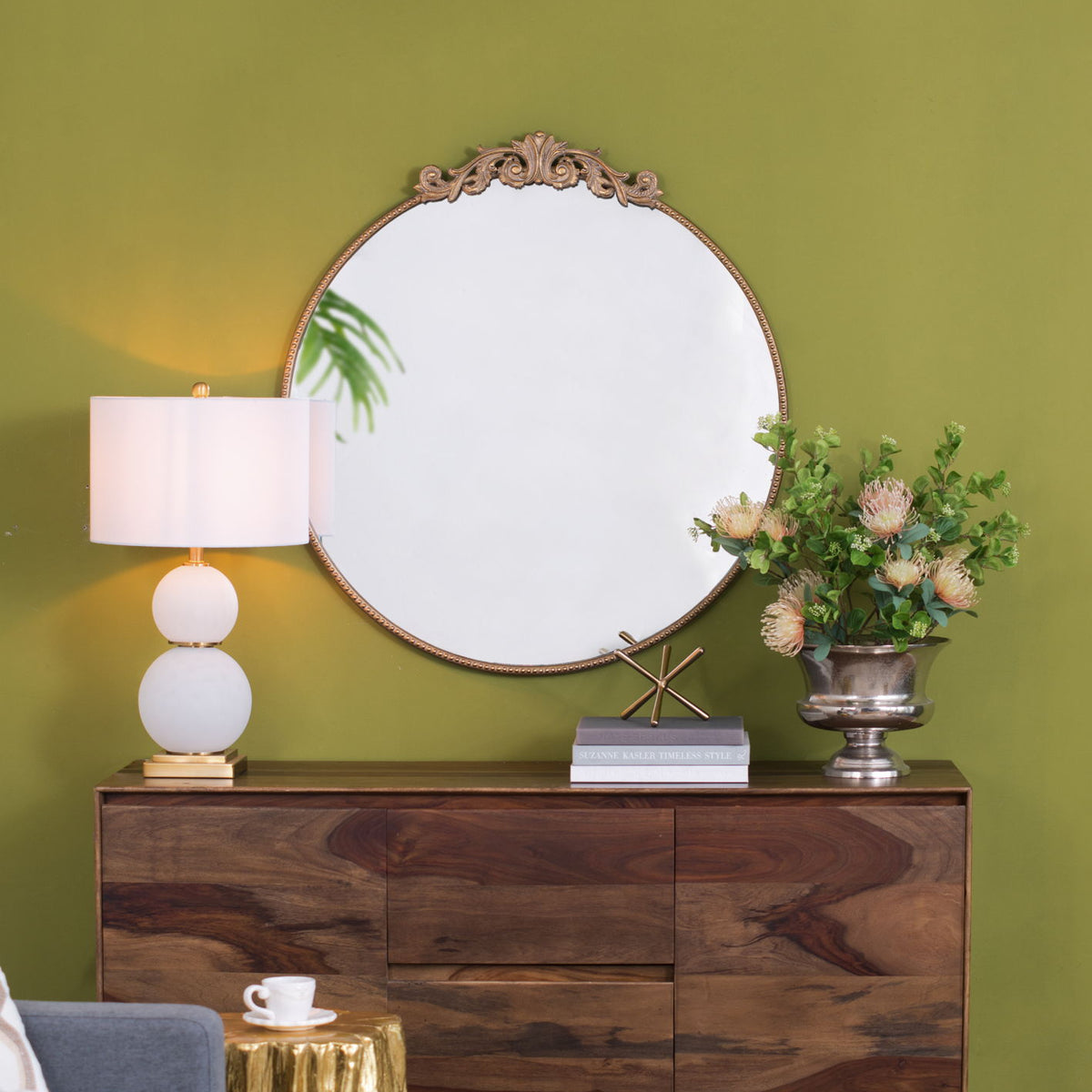 Classic Design Mirror With Baroque Inspired Frame For Bathroom, Entryway Console Lean Against Wall
