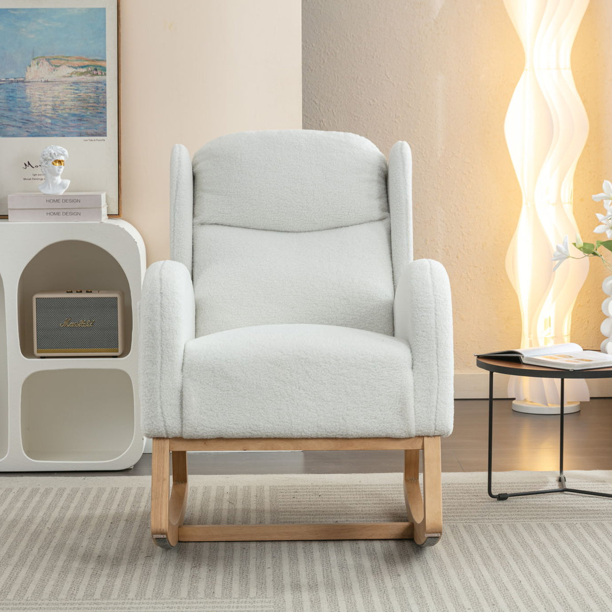 Teddy Fabric Rocking Chair With Packet Wood Legs - Ivory