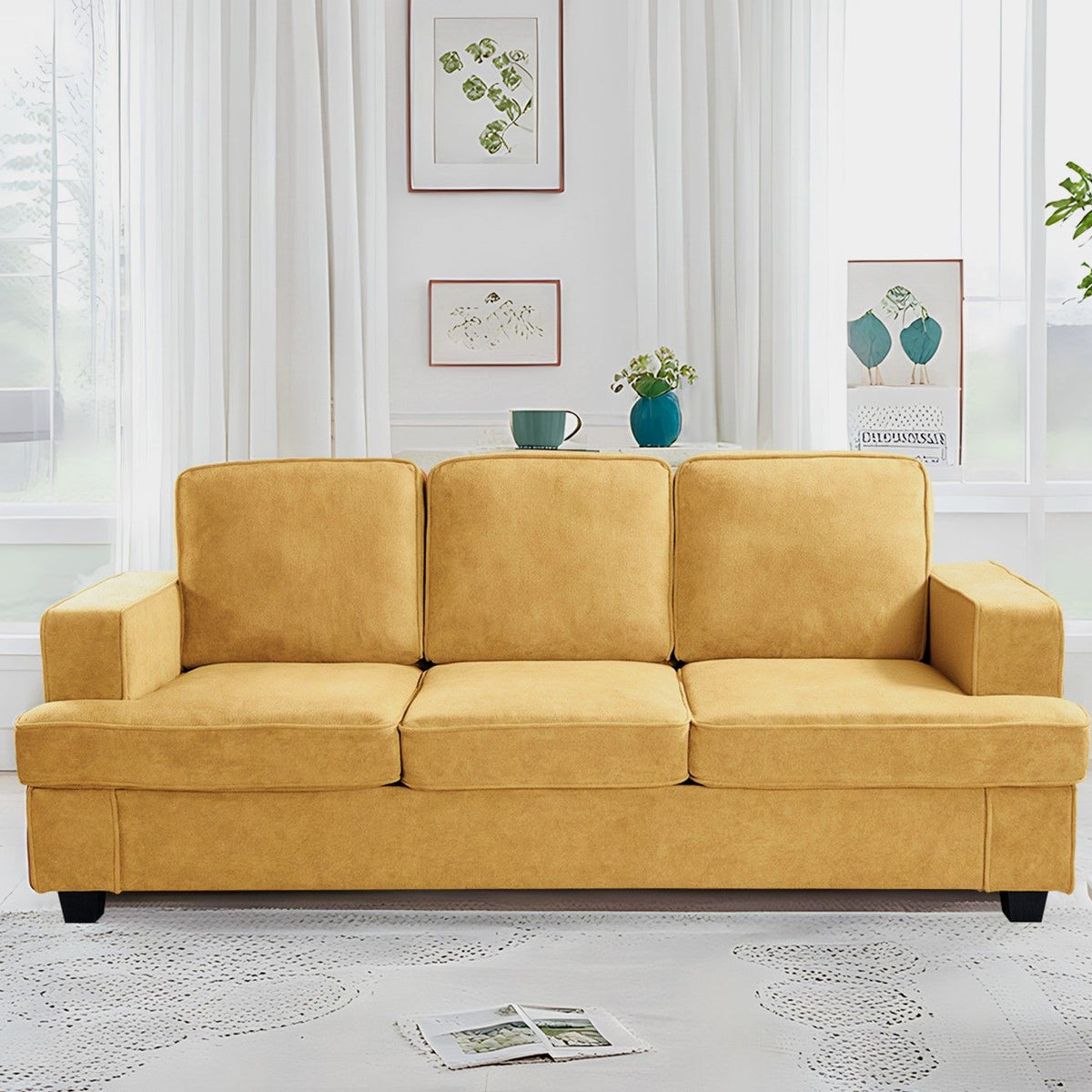 Modern Sofa, Comfortable 3 Seater Couch With Deep Seating, Loose Back Cushions, Wide Arms