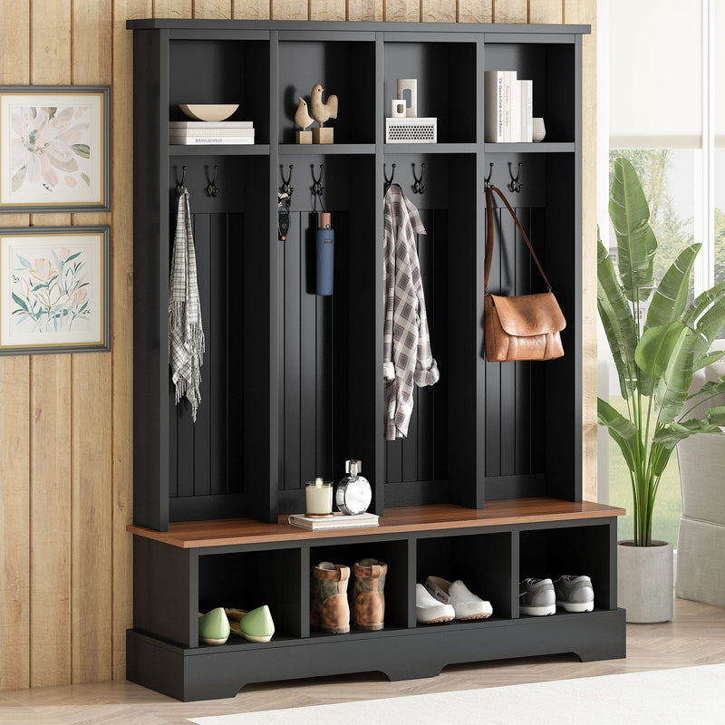 Black hall tree entryway organizer with 8 hooks, open shelves, and bench cubbies.