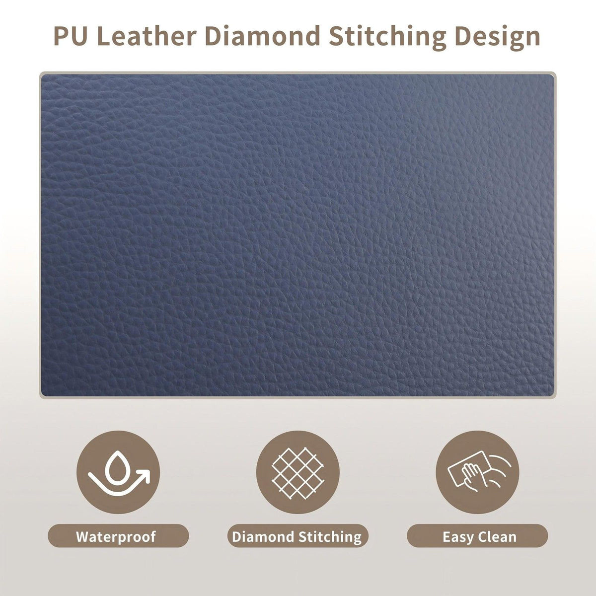 Blue PU leather diamond stitching detail; waterproof and easy-clean icons