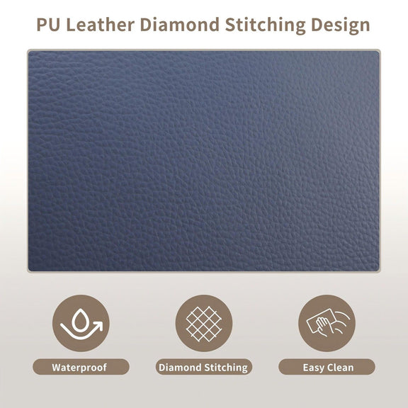 Blue pebbled faux leather upholstery swatch with diamond stitching