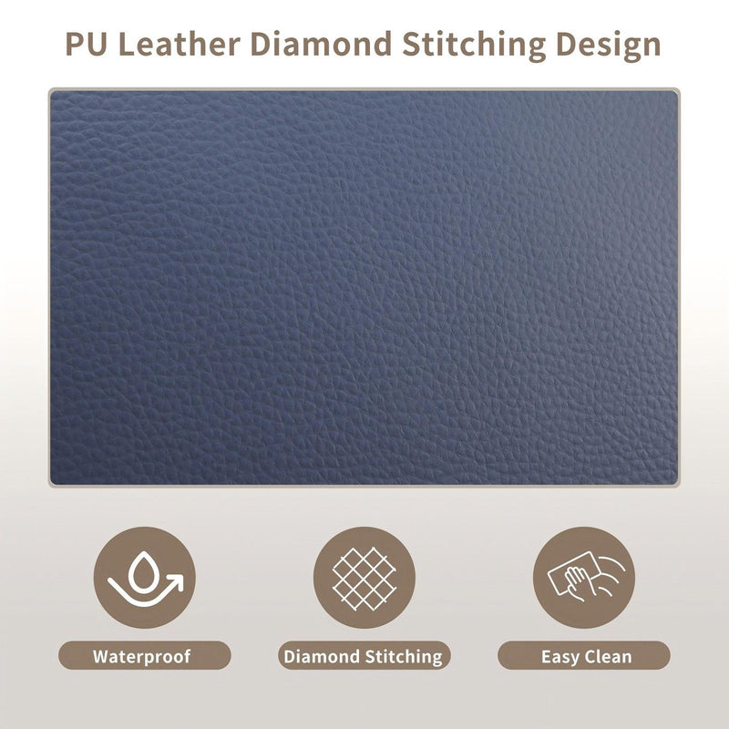 Blue pebbled faux leather upholstery swatch with diamond stitching