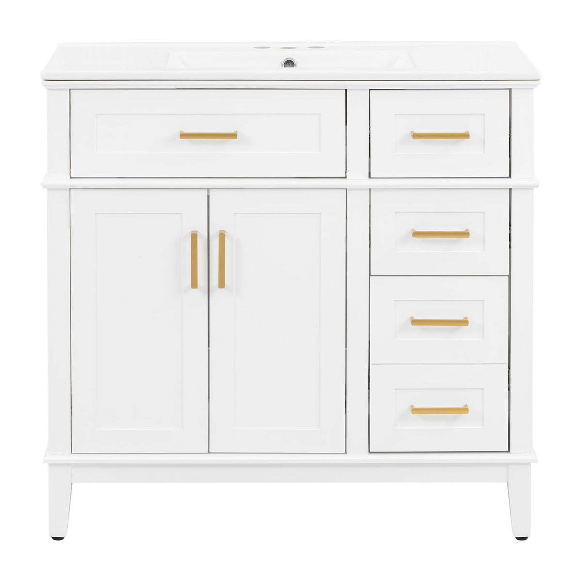 White bathroom vanity with sink, two doors, four drawers, gold bar handles, raised legs