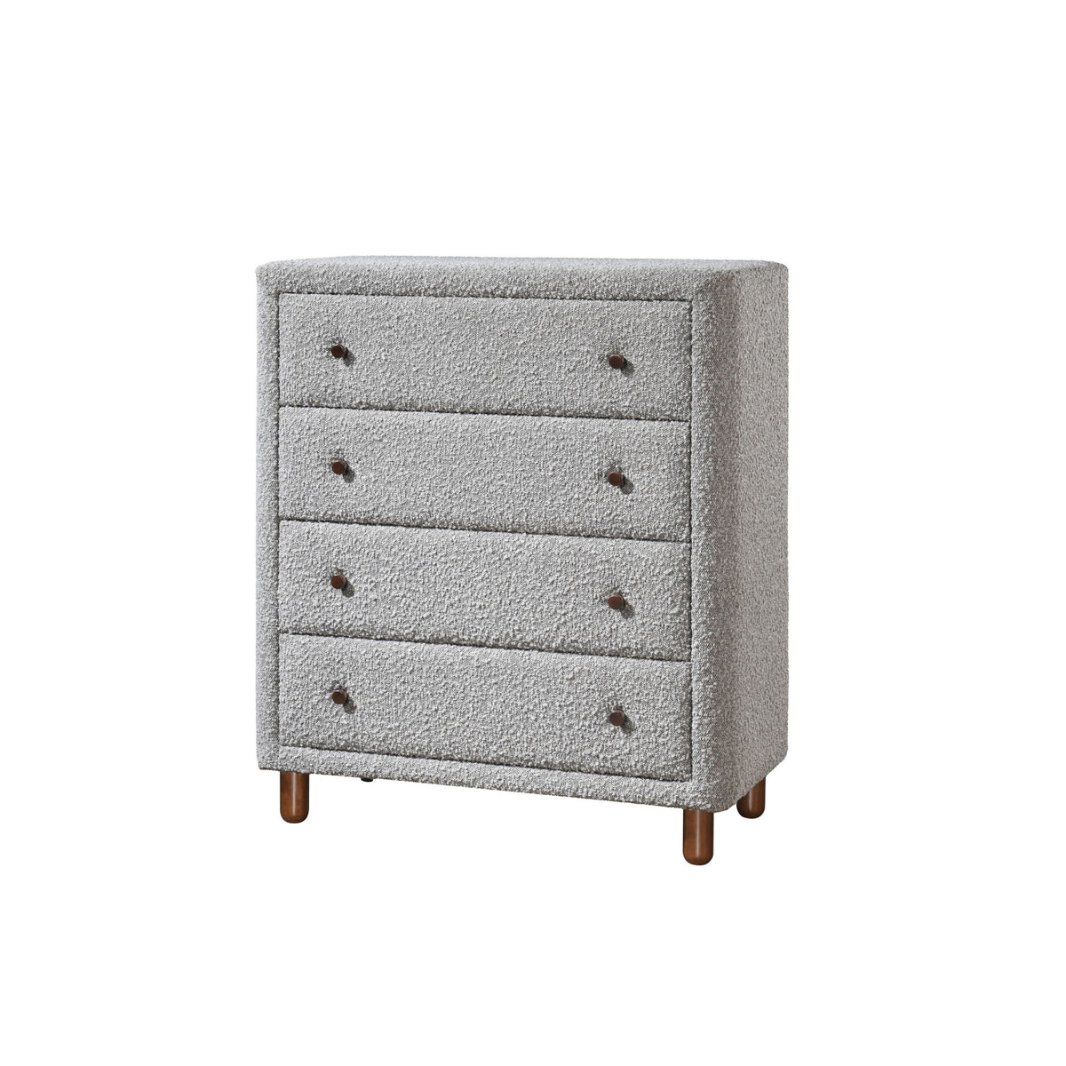 Gray upholstered 4-drawer chest with button accents and short wooden feet