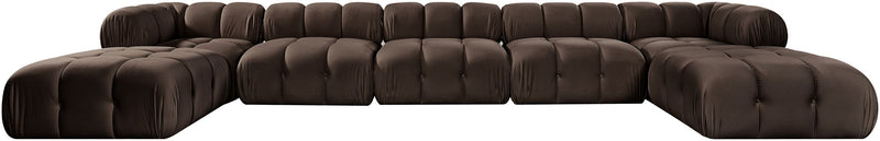 Dark brown modular sectional sofa with tufted cushions and rounded ottoman sections