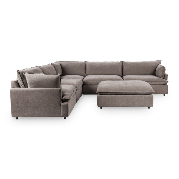 Gray sectional with chaise and ottoman chaise-style seat, modular corner layout