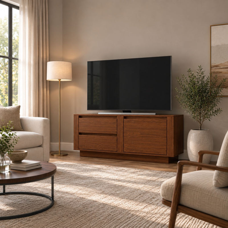 Dark wood-look TV stand with 1 door and 2 drawers, low console cabinet under a flat-screen TV