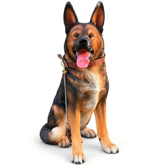 Sitting German Shepherd statue in black and brown with a collar and leash