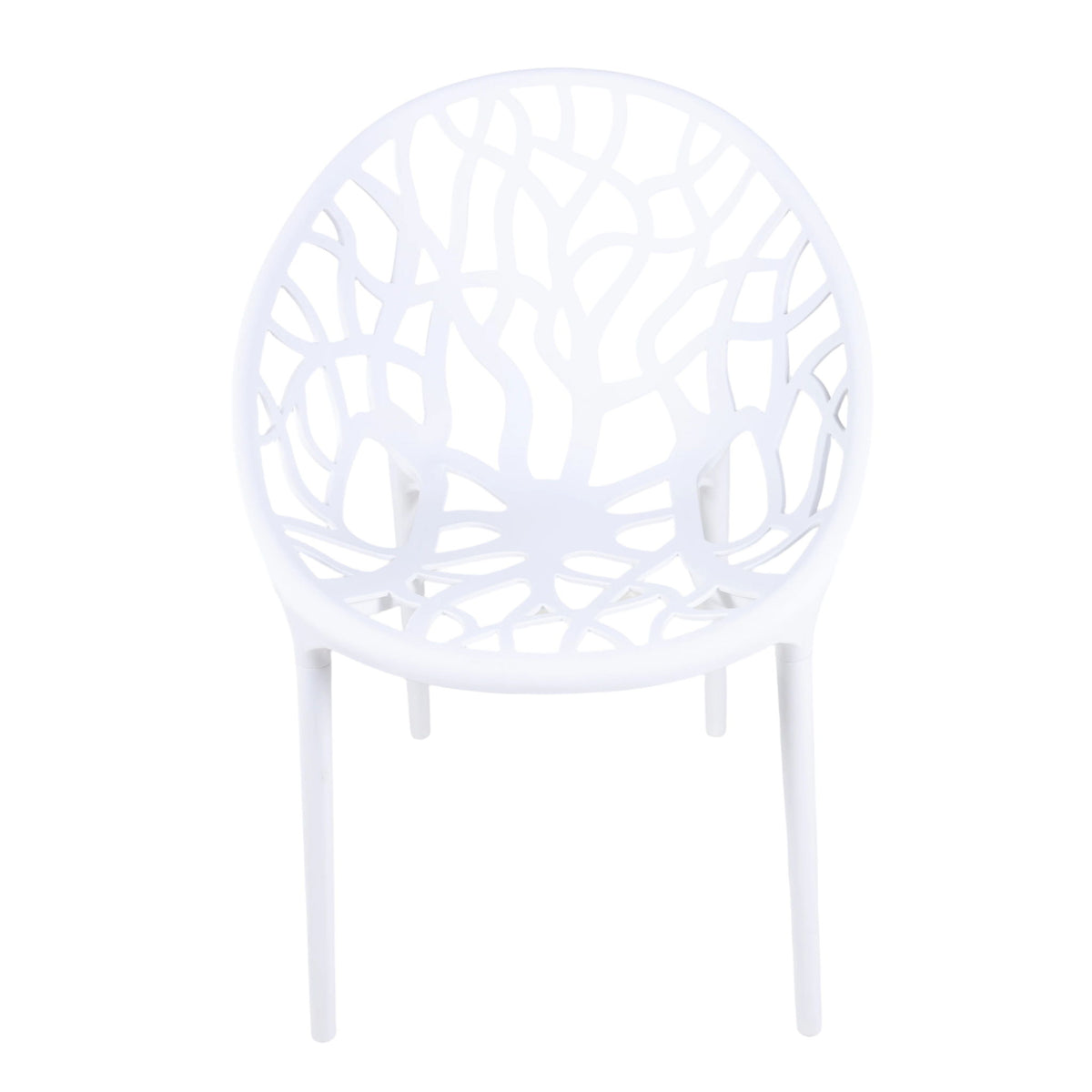 White dining chair with cutout transparent-style shell back and slender legs