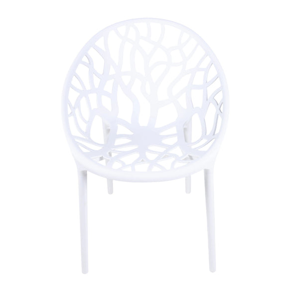 White dining chair with cutout transparent-style shell back and slender legs