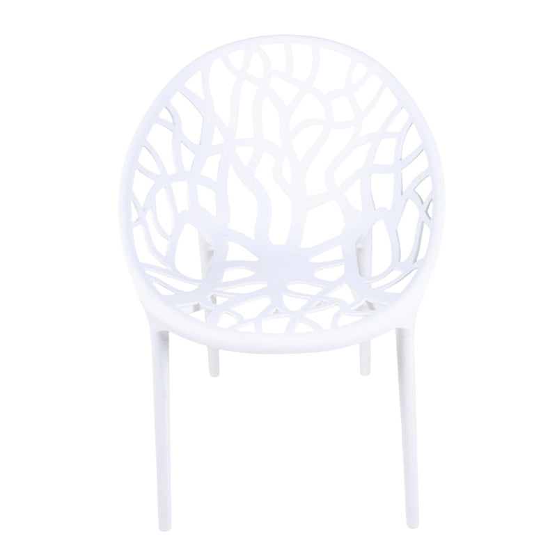 White dining chair with cutout transparent-style shell back and slender legs
