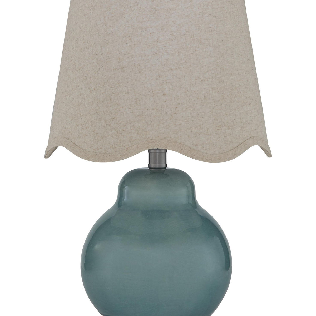 Blue ceramic table lamp with beige fabric shade