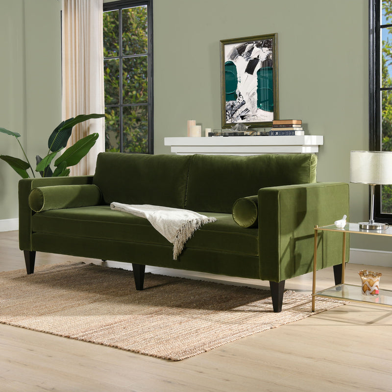 Olive green mid-century modern sofa with rounded arms, dark tapered legs, and 2-seat cushions