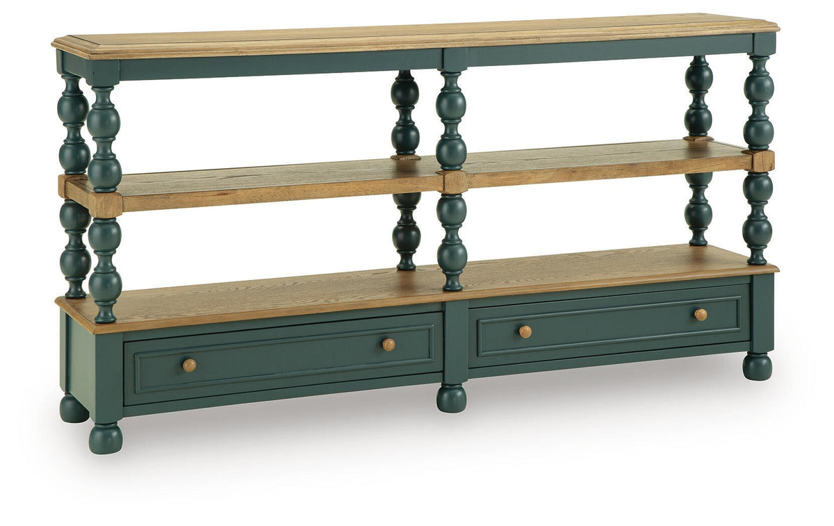 Console table with two open shelves, wood top, dark teal base with drawer fronts