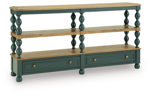 Console table with two open shelves, wood top, dark teal base with drawer fronts