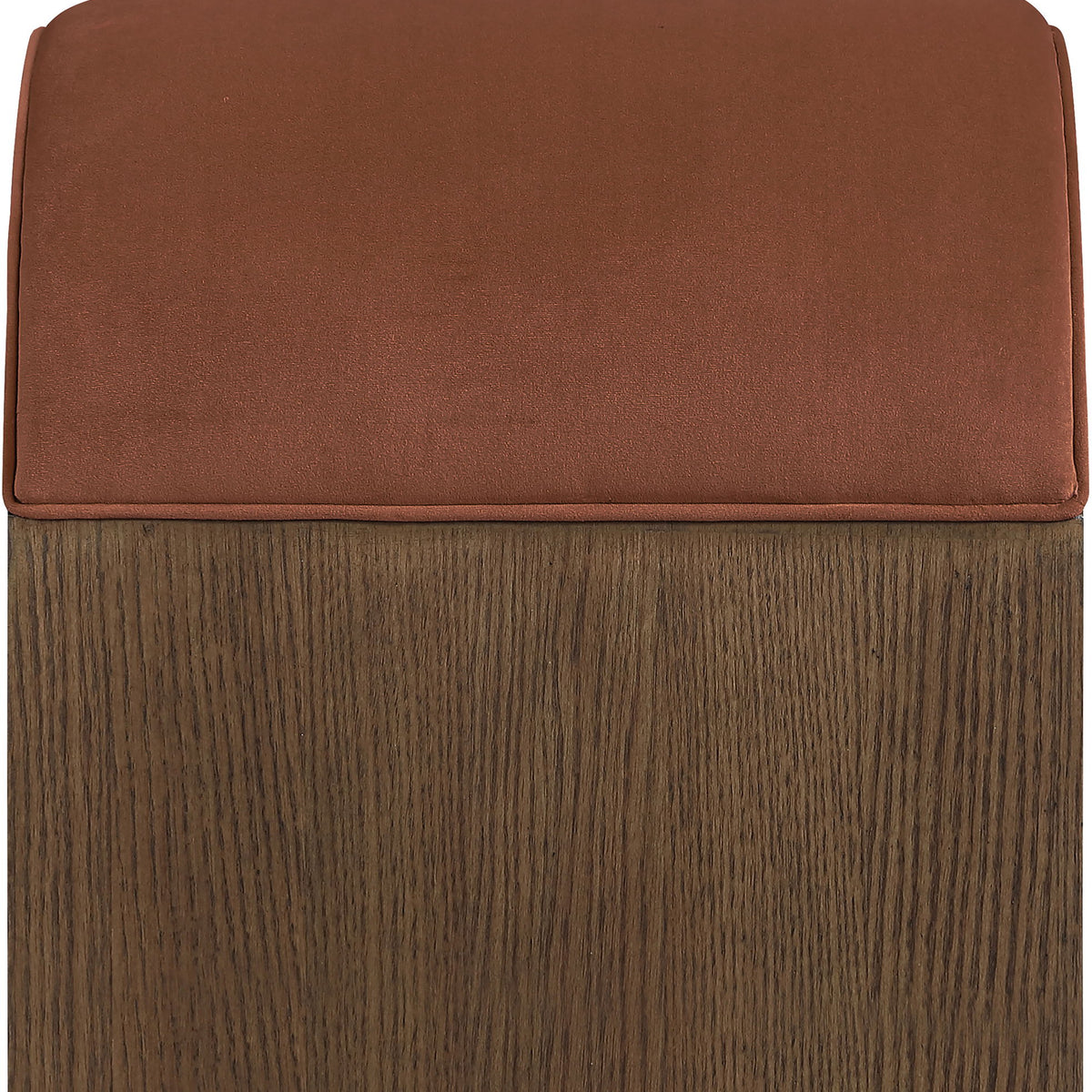 Sable velvet upholstered bench with rust-brown seat cushion and wood base.
