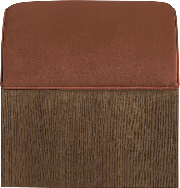 Sable velvet upholstered bench with rust-brown seat cushion and wood base.
