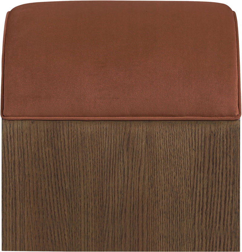 Sable velvet upholstered bench with rust-brown seat cushion and wood base.