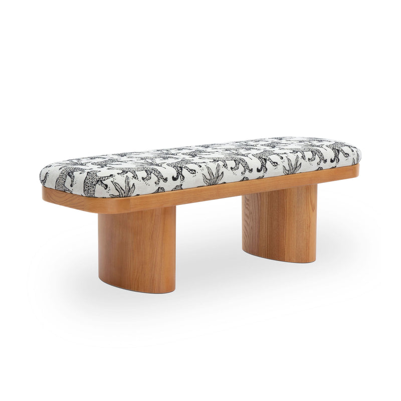 Leopard jacquard bench with rounded white top and black animal print, light wood frame