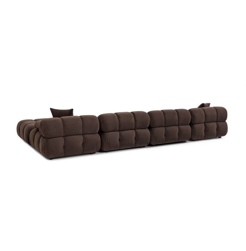 Brown modular sectional sofa with padded back cushions and corner chaise