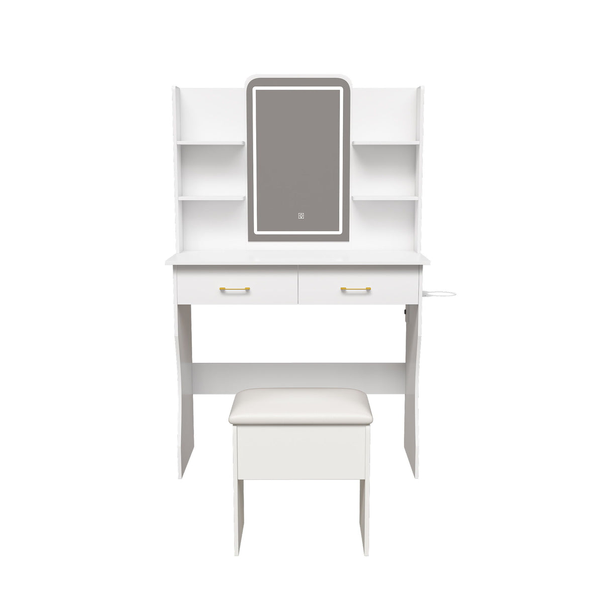 Vanity Desk With LED Lights Mirror, Power Outlet, Storage Drawers & Chair - White