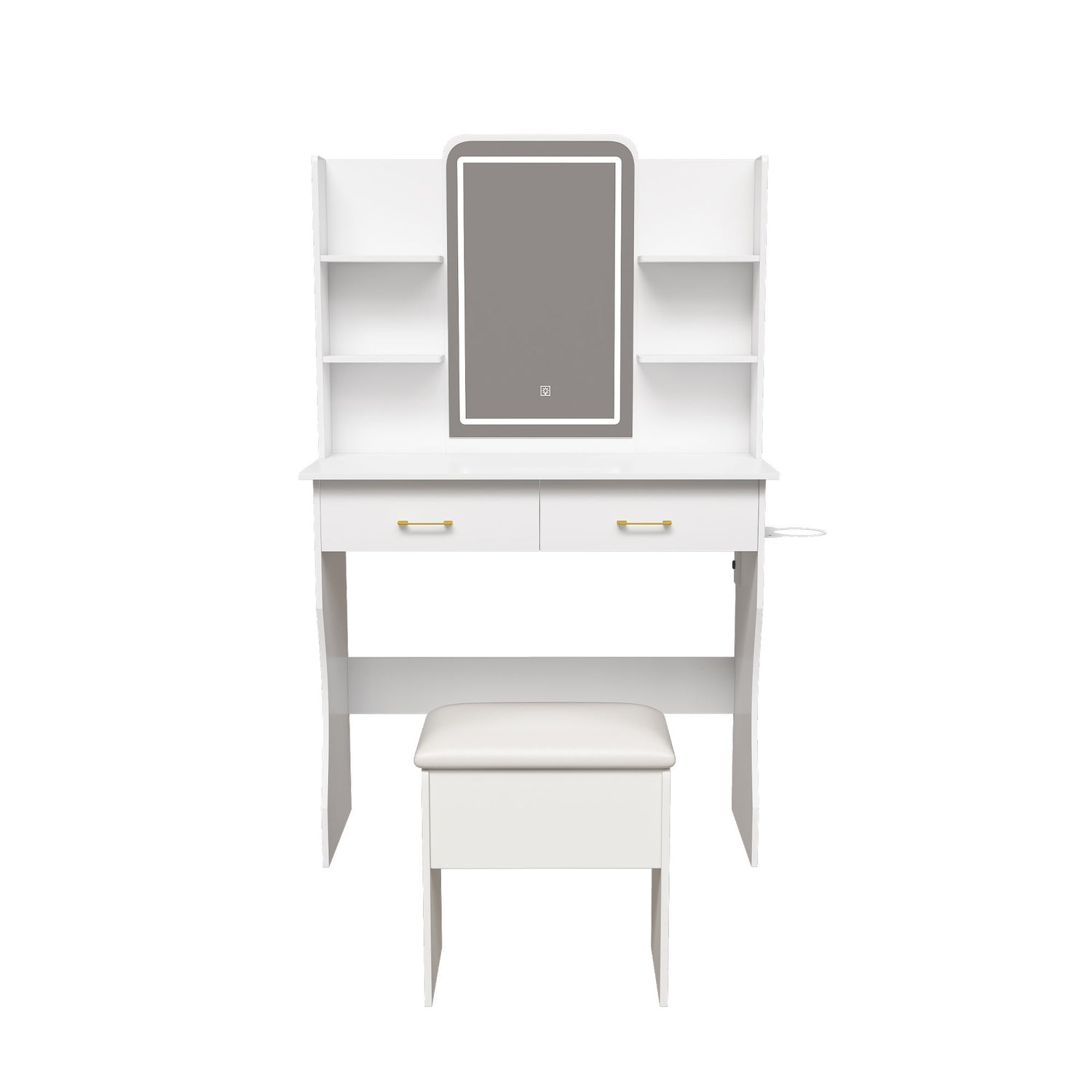 Vanity Desk With LED Lights Mirror, Power Outlet, Storage Drawers & Chair - White