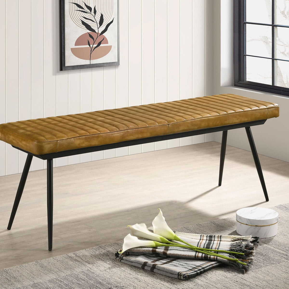 Misty Leather Upholstered Dining Bench Antique Camel