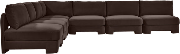 Dark brown velvet performance sectional sofa with armless chaise and squared seat blocks