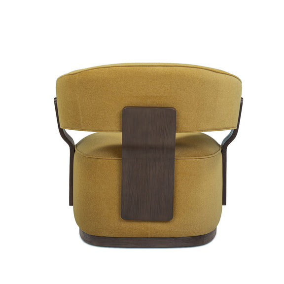 Swivel accent chair in mustard-gold fabric with dark wood front panel and curved back