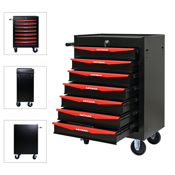 Rolling tool chest with drawers, black cabinet with red striped drawer fronts and caster wheels