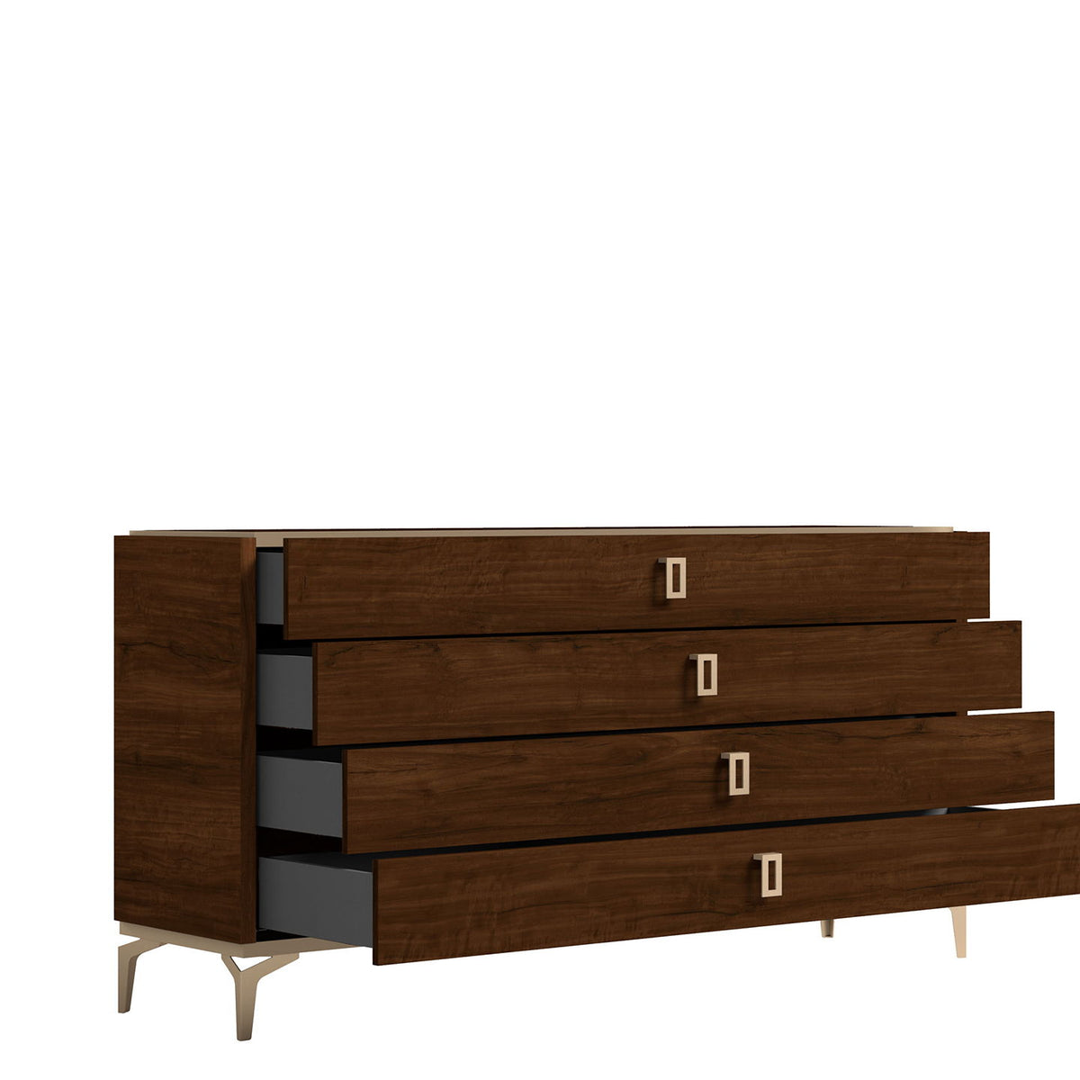 Brown walnut dresser side view with four drawers, square pulls, and tapered legs
