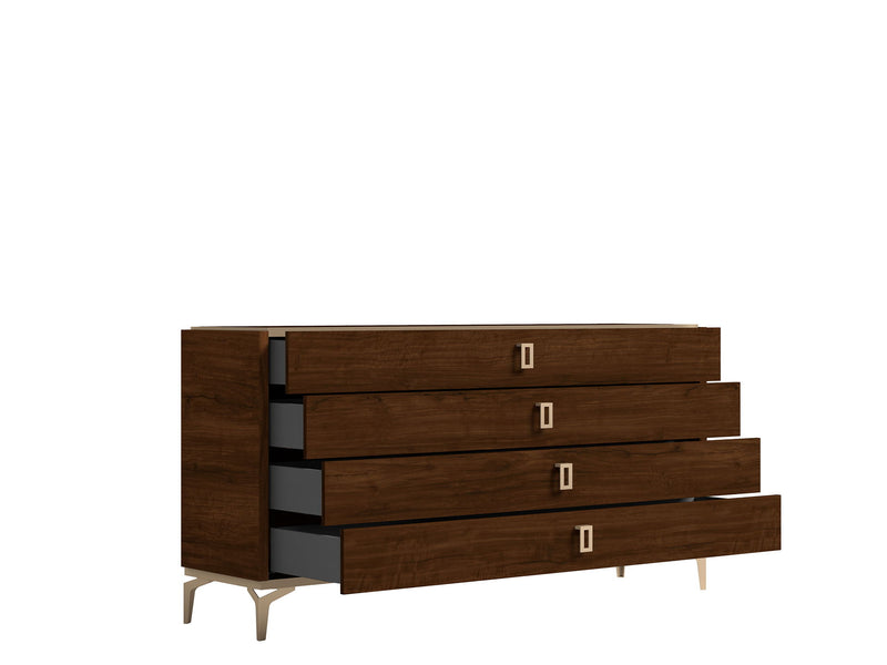 Brown walnut dresser side view with four drawers, square pulls, and tapered legs