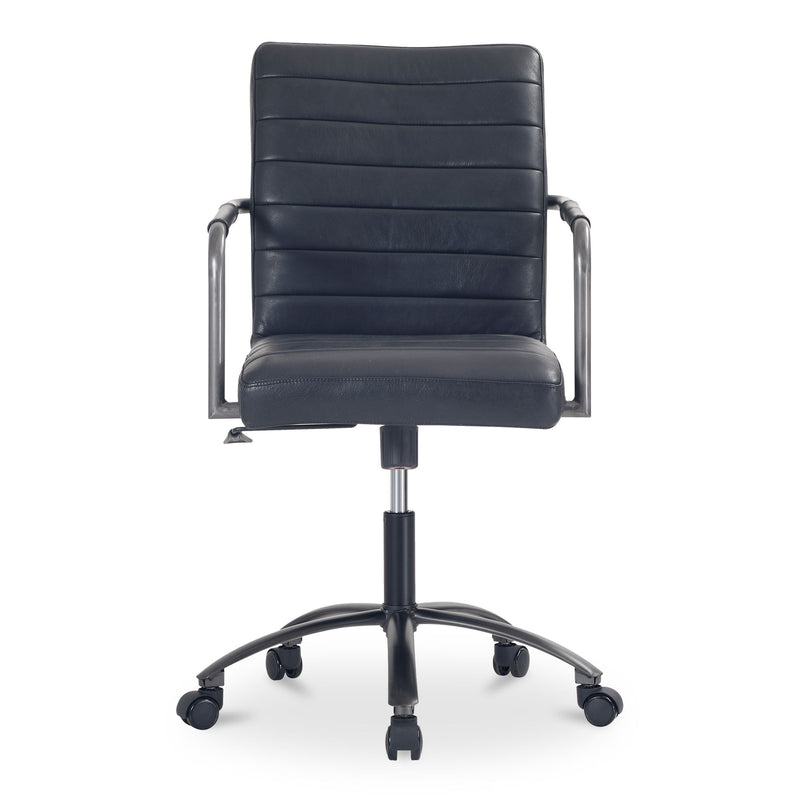 Black leather office chair with padded back, armrests, and swivel base with casters
