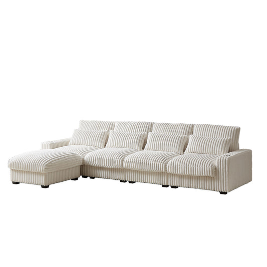 Corduroy With Cup Holder Super Large L Shaped Sofa, Movable Footrest, 4 Waist Pillows And 4 Back Cushion, With USB Port And Type - C Port - Beige