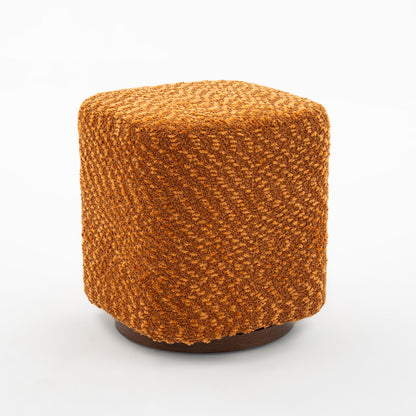 Orange upholstered swivel vanity stool with round padded seat and dark wooden base