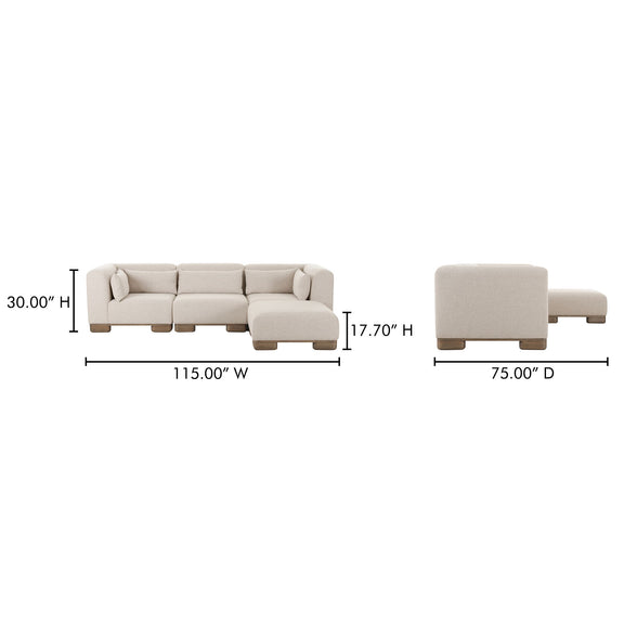 Modular sectional sofa size: 115 in W, 30 in H, 75 in D, 17.70 in H.