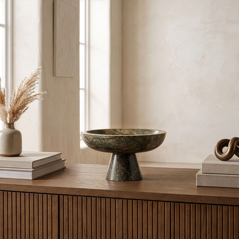 Marble bowl by Simpson, dark green marble bowl on pedestal