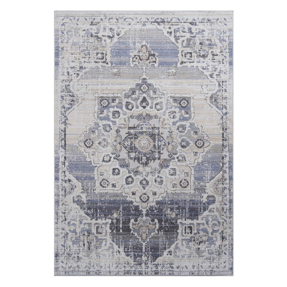 Cream and blue medallion area rug, full view with centered medallion and border