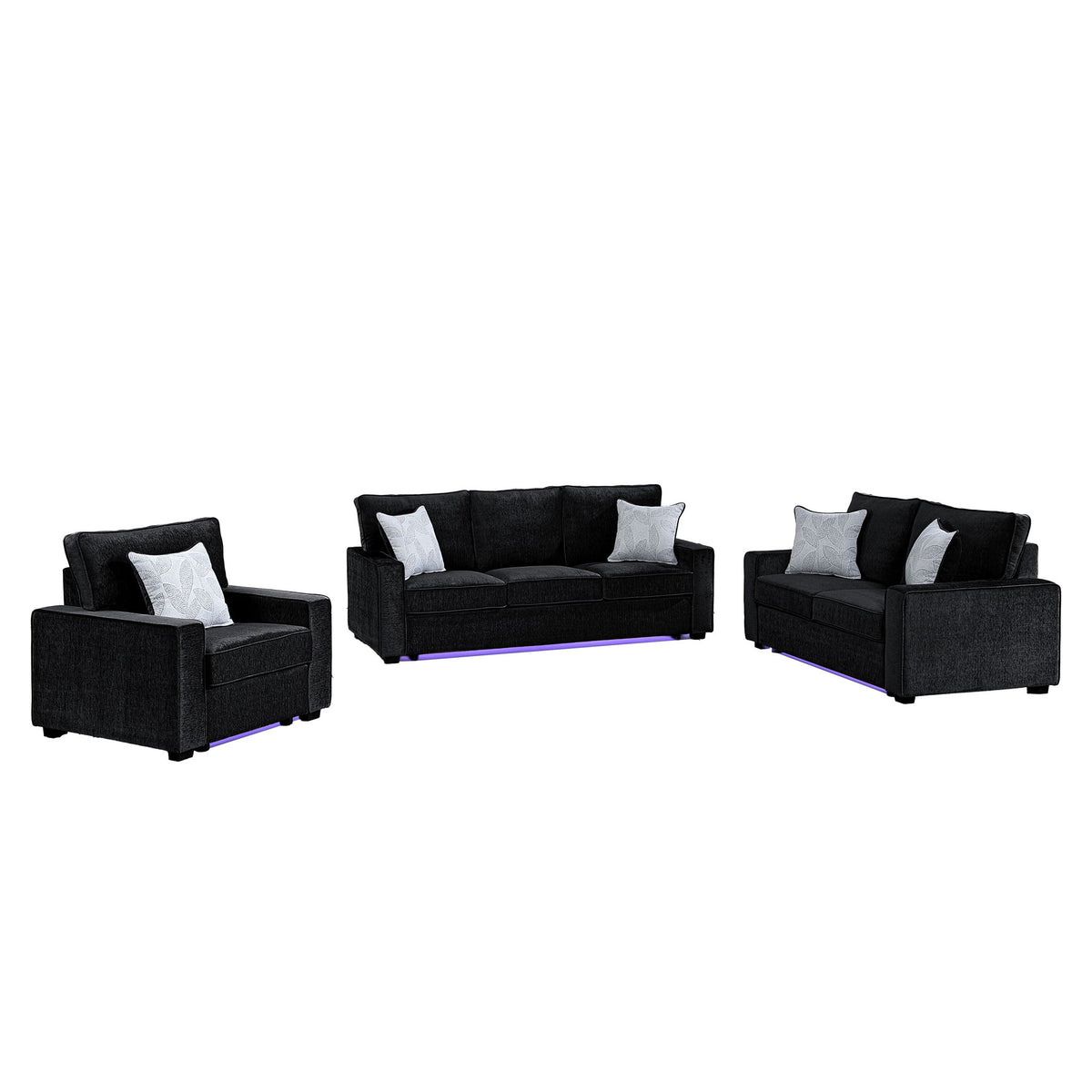 Rita LED living room set, black sofa and two chairs with four accent pillows