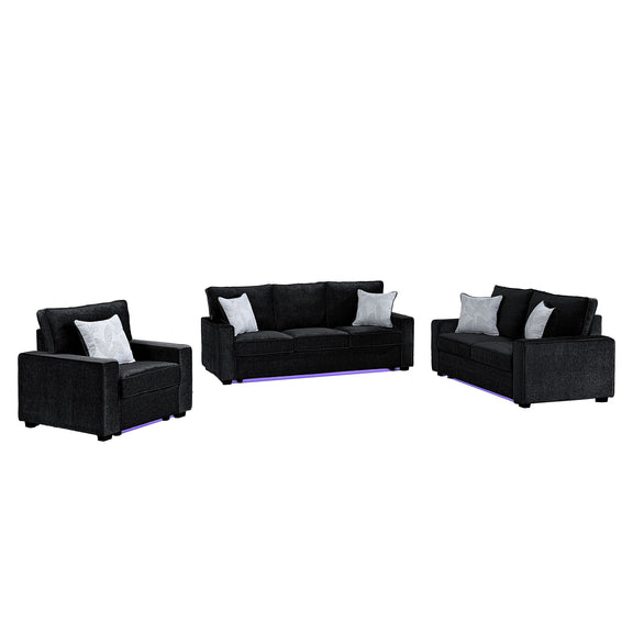 Rita LED living room set, black sofa and two chairs with four accent pillows