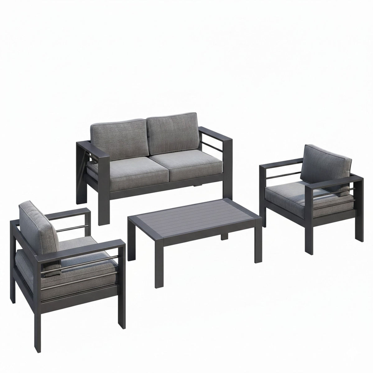 Dark gray patio loveseat seating set with two chairs and matching coffee table