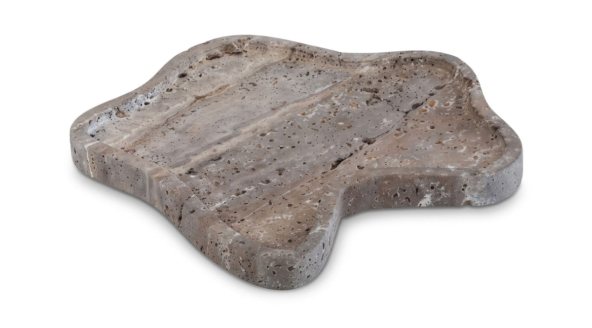 Gray marble tray with speckled texture and leaf-like form.