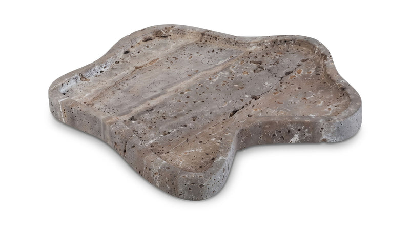Gray marble tray with speckled texture and leaf-like form.
