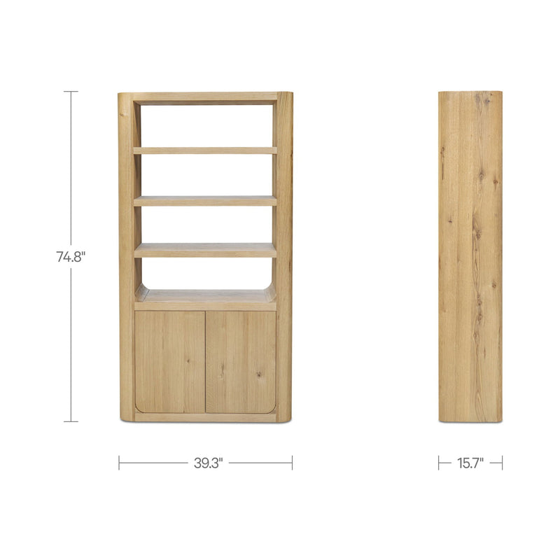 Rustic oak tall cabinet side view with dimensions and open shelving, natural finish